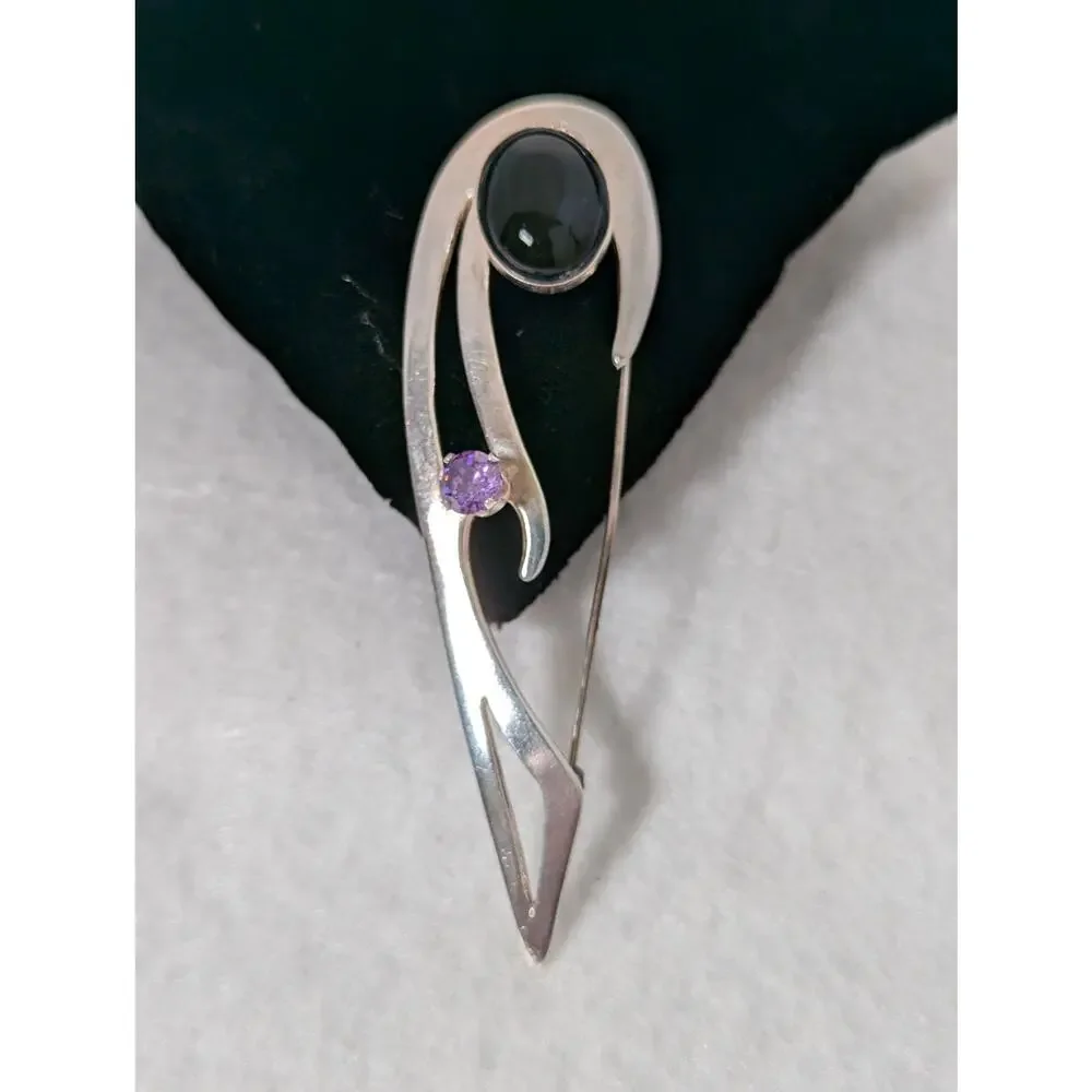 Sterling silver black onyx + amethyst Pin Handmade Large see photos measurements